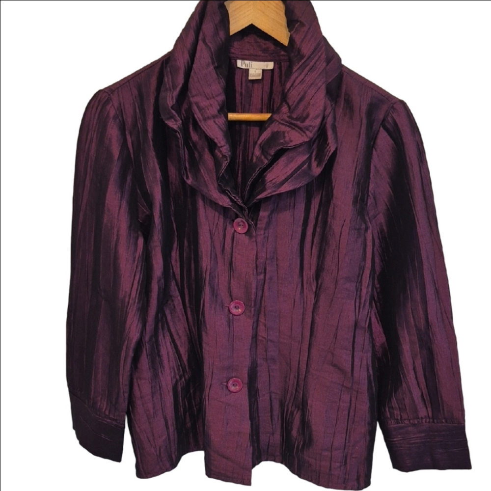 Puli Shimmery Crinkle Satin Purple Button-Front Blazer